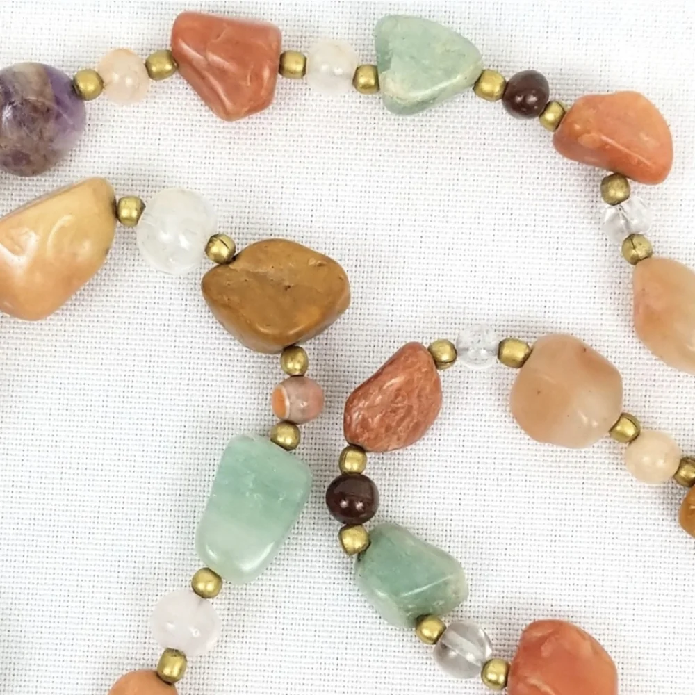 Polished Stone Necklace Agate Crystal Gold Bead Multicolor Natural Hippie Boho
